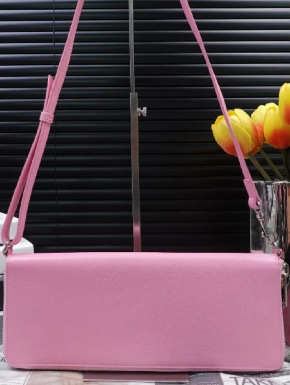 Sleek Pink Leather Wristlet Clutch - Minimal Shoulder Style